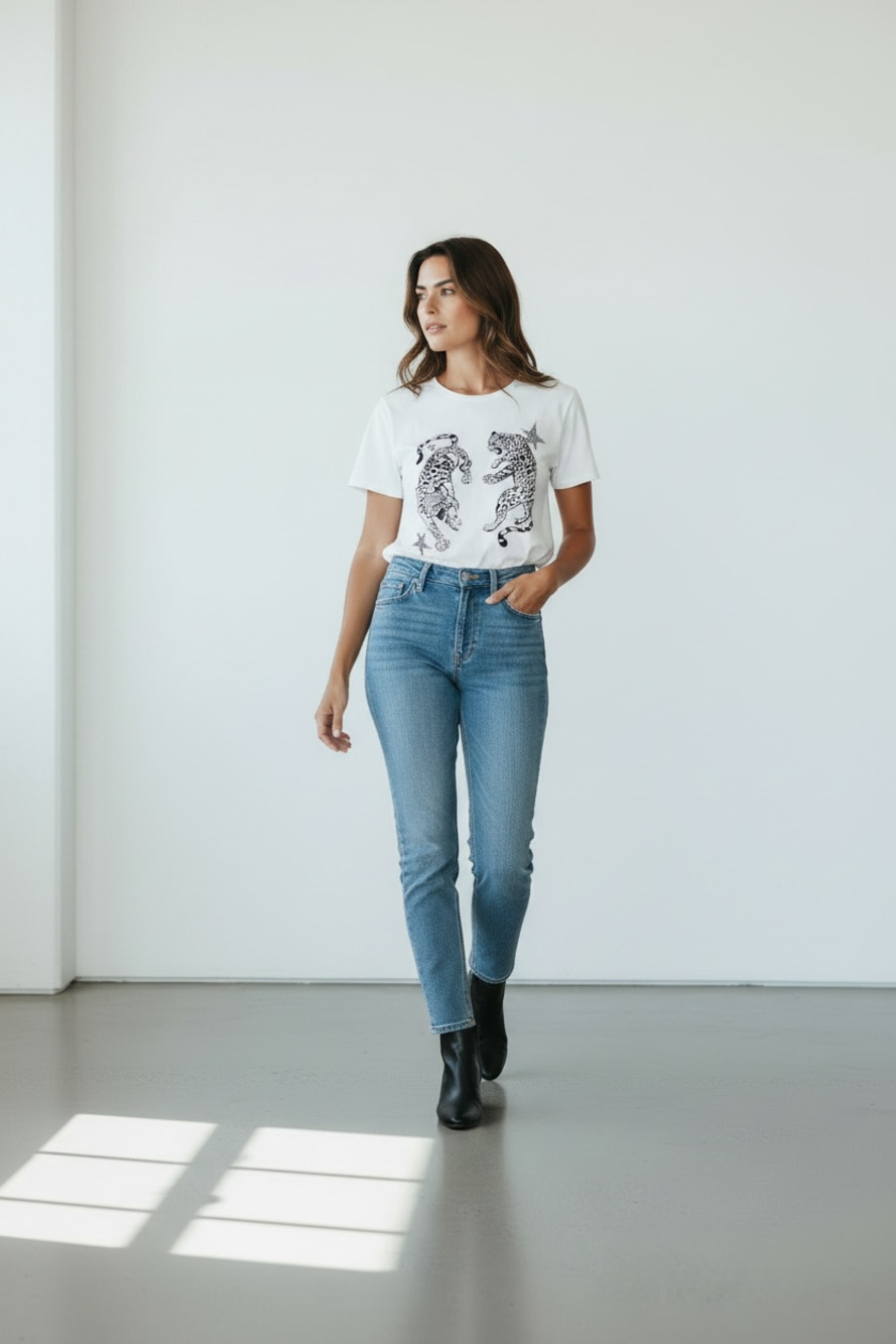 White Leopard Graphic Print Short Sleeve T-Shirt
